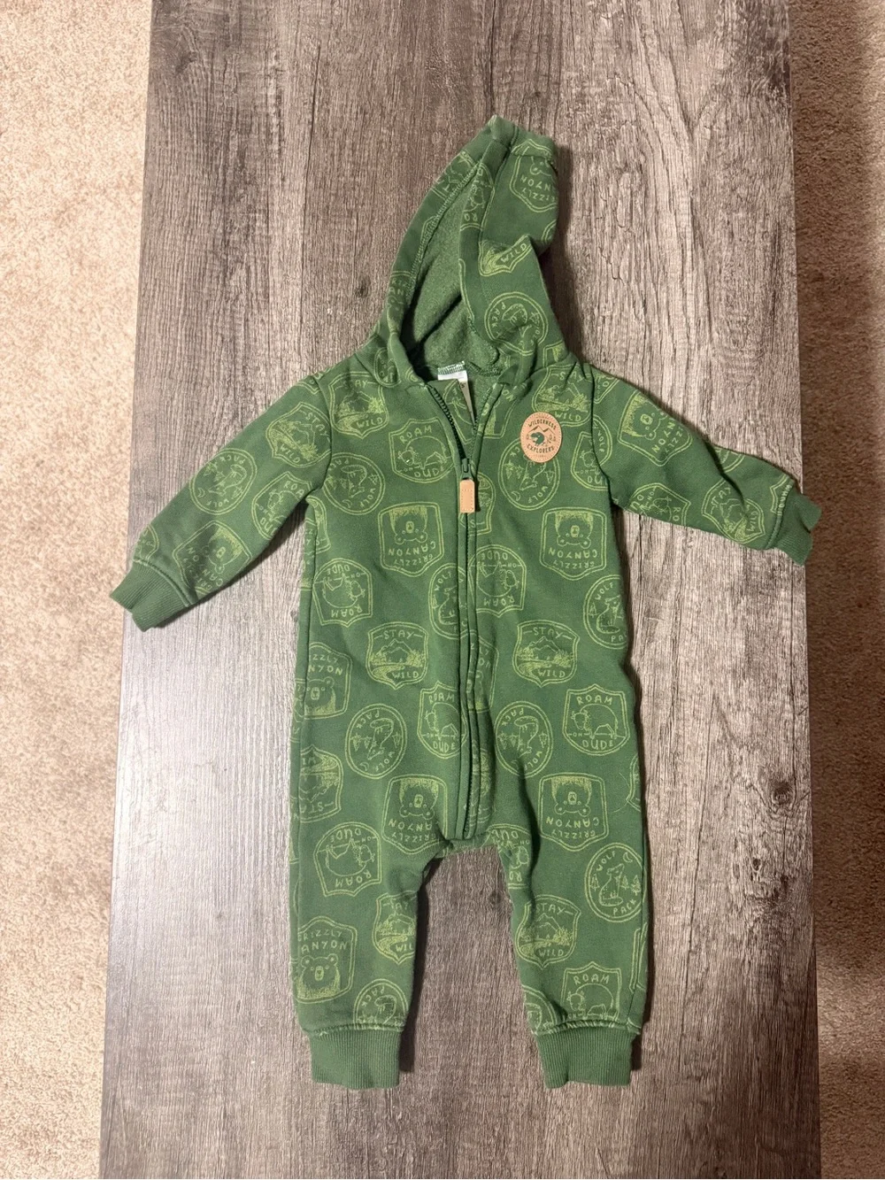 Carter's Green Hooded Zip One-Piece with Animal Patch Prints